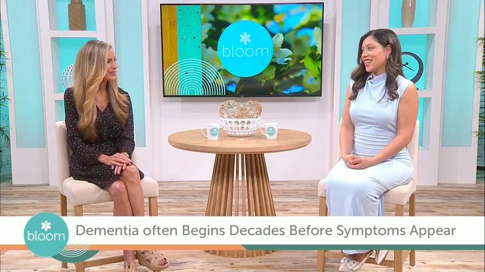 Dr. Ellie Frazey with Bloom host Amber Freeman on the WFLA Bloom set, discussing early warning signs of dementia